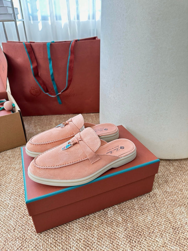 Loro Piana Charms Walk Flat Mules Himalayan Salt Suede 623554
