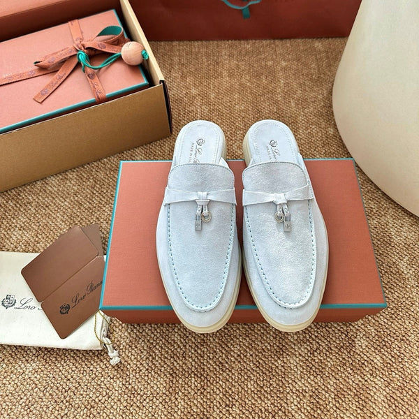 Mules plates Charms Walk Loro Piana en suède bleu Water 623557
