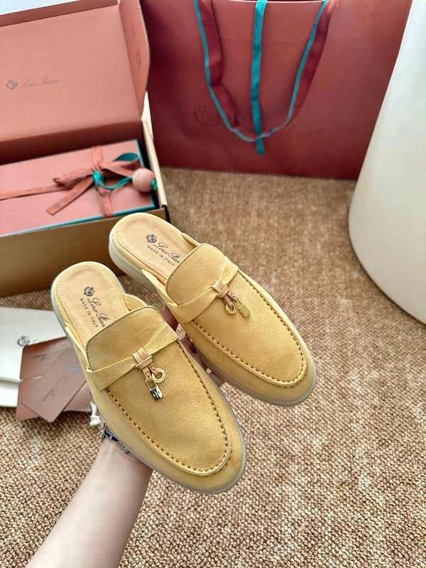 Loro Piana Charms Walk Flat Mules Saffron Tea Suede 623559