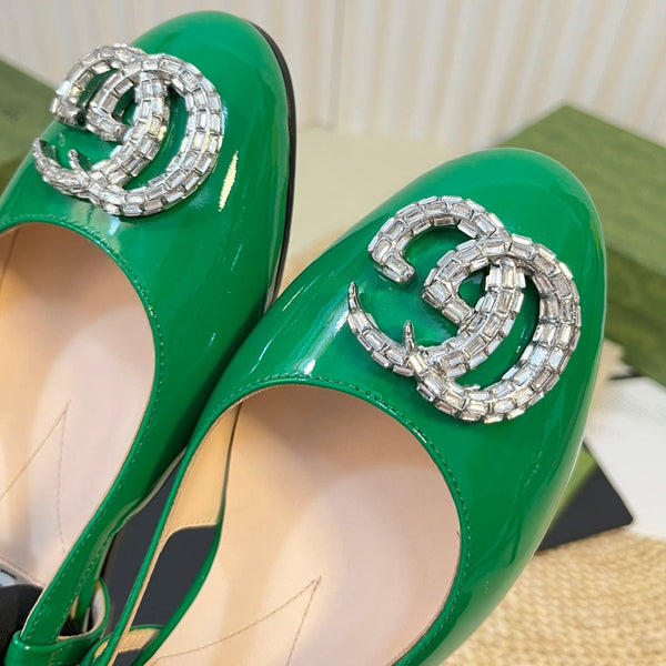 Ballerine slingback in vernice GG Double G Glossy Forest Green