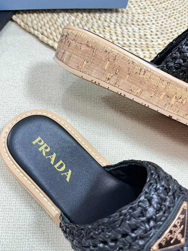 PRA WEDGE FLATFORM SLIDES BLACK RAFFIA