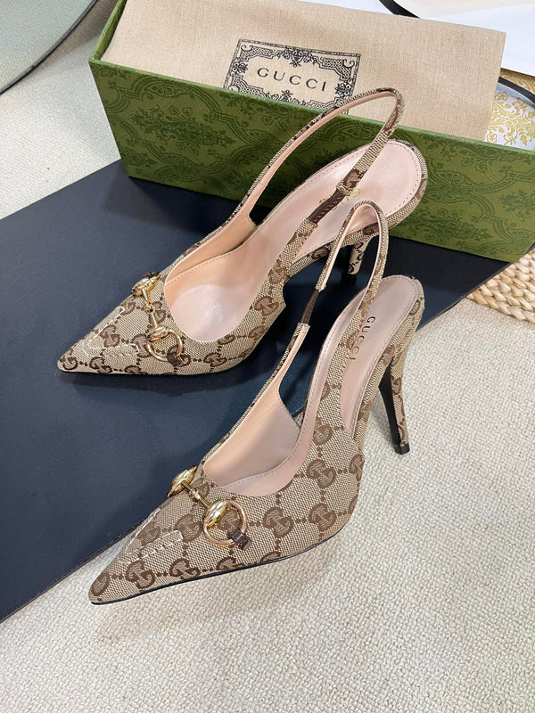 GC Horsebit Slingback Pump 100mm Beige mix Brown Canvas Sheepskin 294566