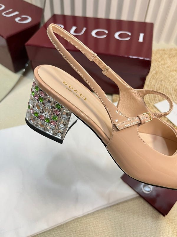 GC Horsebit Slingback with Crystal 65mm Rose Beige Patent Leather 294601