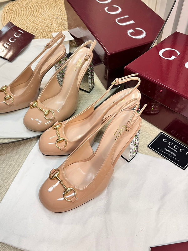 GC Horsebit Slingback con cristallo 95mm Pelle verniciata beige rosa 294597