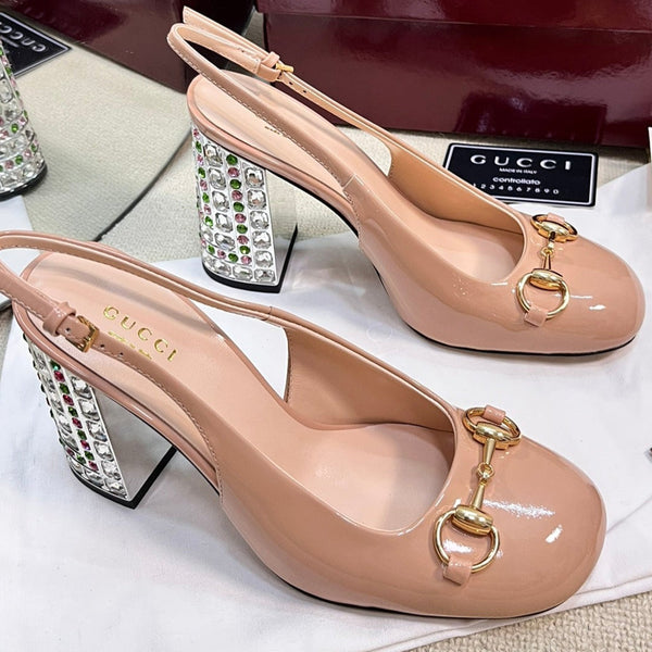 GC Horsebit Slingback con cristallo 95mm Pelle verniciata beige rosa 294597