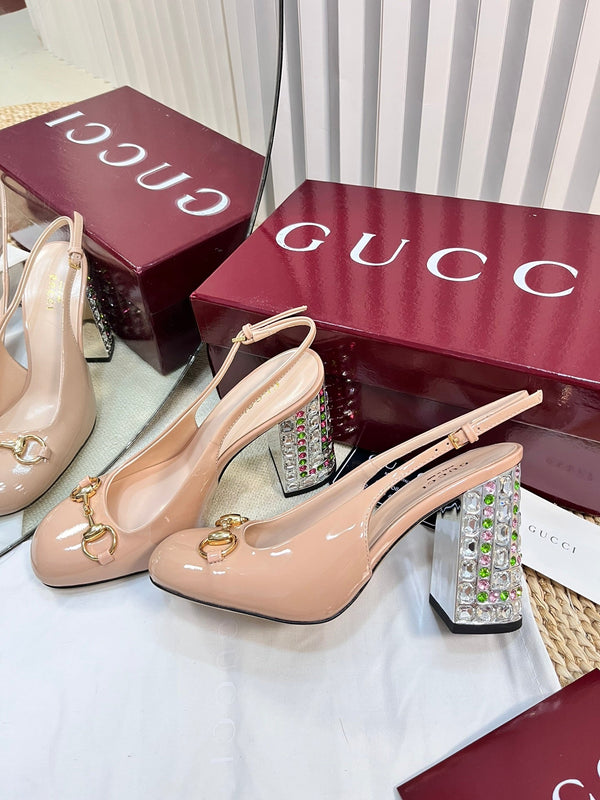 GC Horsebit Slingback con cristallo 95mm Pelle verniciata beige rosa 294597