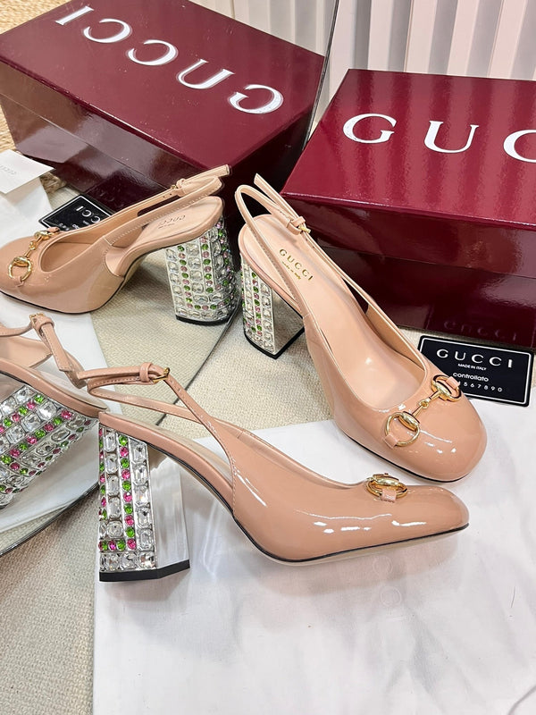 GC Horsebit Slingback con cristallo 95mm Pelle verniciata beige rosa 294597