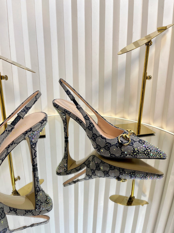 GC Crystal Horsebit Slingback 100mm Beige mix Blue Canvas lambskin 294619