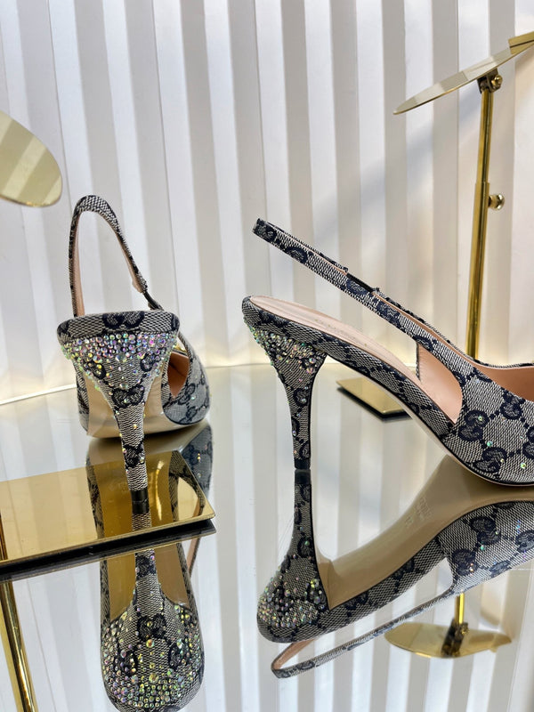 GC Crystal Horsebit Slingback 100mm Beige mix Blue Canvas lambskin 294619