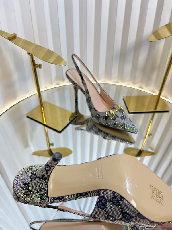 GC Crystal Horsebit Slingback 100mm Beige mix Blue Canvas lambskin 294619