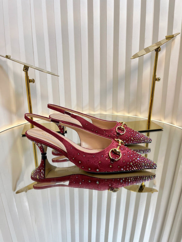 GC Crystal Horsebit Slingback 50mm Red Canvas pelle di agnello 294615
