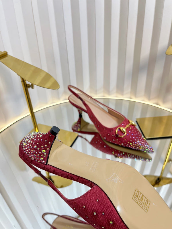 GC Crystal Horsebit Slingback 50mm Red Canvas pelle di agnello 294615