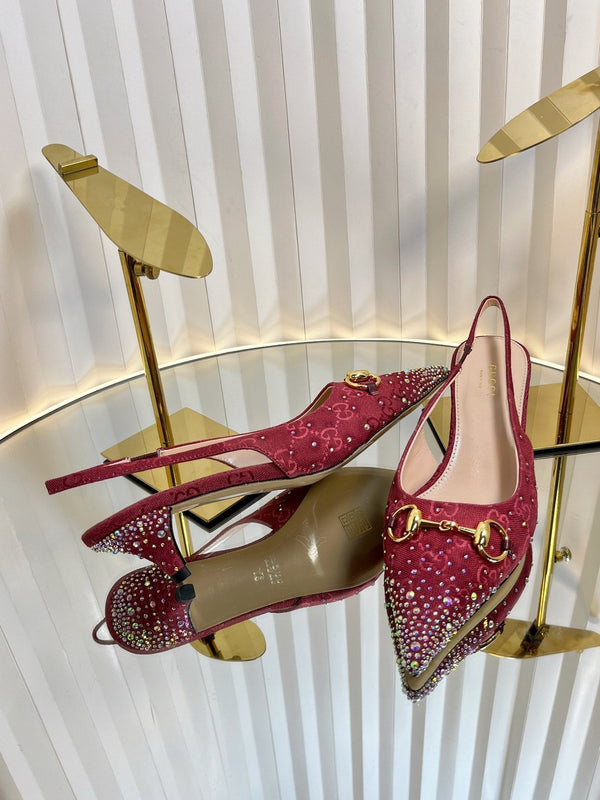 GC Crystal Horsebit Slingback 50mm Red Canvas pelle di agnello 294615