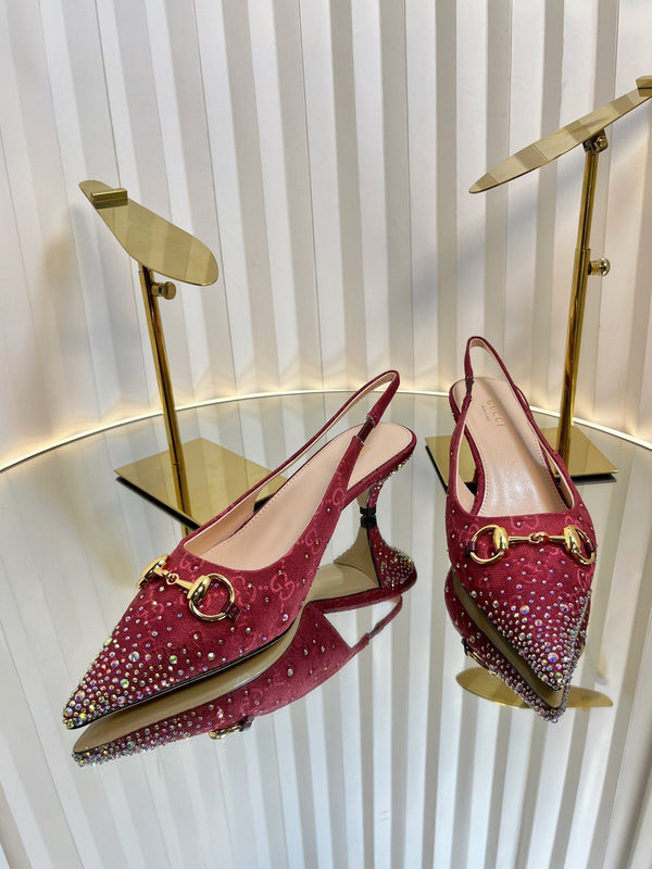 GC Crystal Horsebit Slingback 50mm Red Canvas pelle di agnello 294615