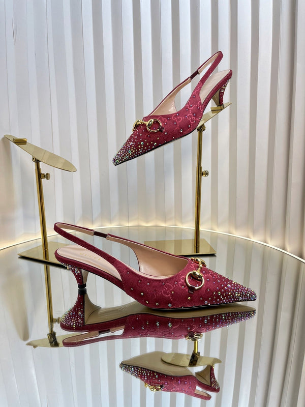 GC Crystal Horsebit Slingback 50mm Red Canvas pelle di agnello 294615