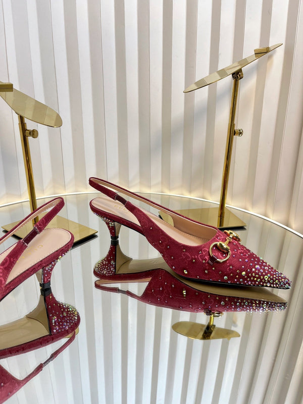 GC Crystal Horsebit Slingback 50mm Red Canvas pelle di agnello 294615