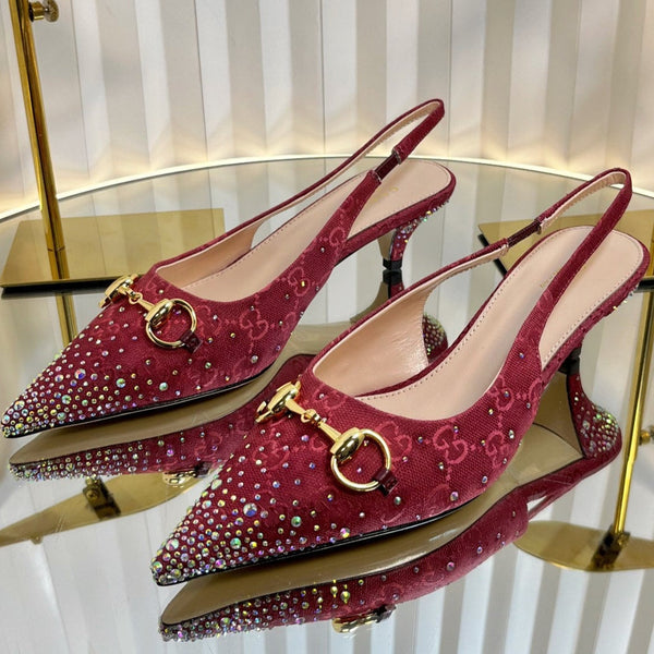 GC Crystal Horsebit Slingback 50mm Red Canvas pelle di agnello 294615
