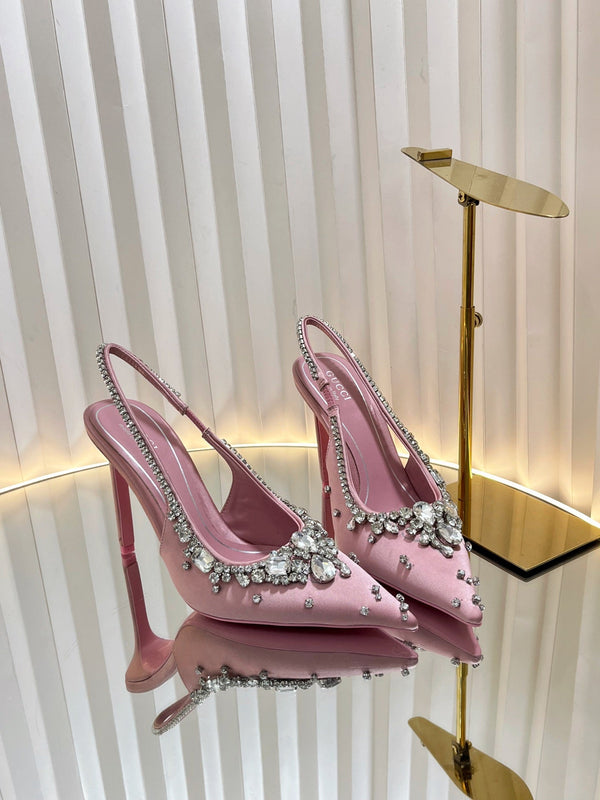 GC 2025 Crystal Embellished High Heels Slingbacks Pink Silk Sheepskin 294524