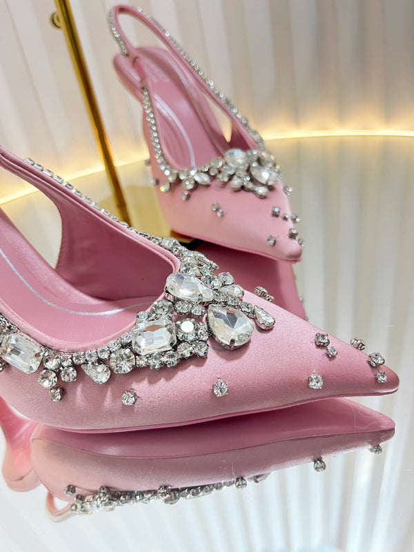 GC 2025 Crystal Embellished High Heels Slingbacks Pink Silk Sheepskin 294524