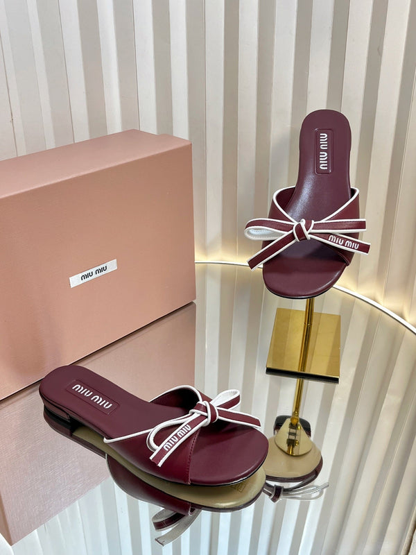 Miu 26s Bow Slippers Burgundy Leather 768202