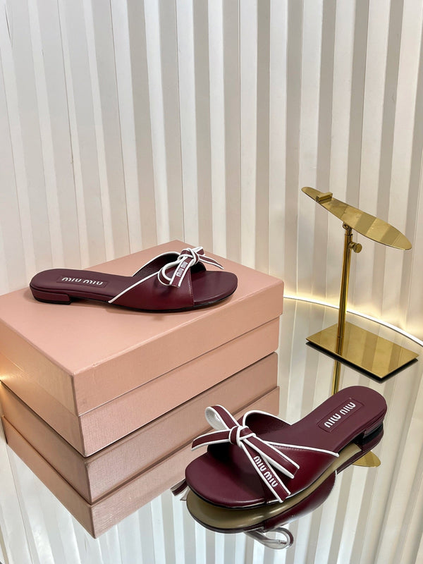 Miu 26s Bow Slippers Burgundy Leather 768202