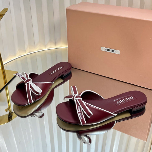 Miu 26s Bow Slippers Burgundy Leather 768202