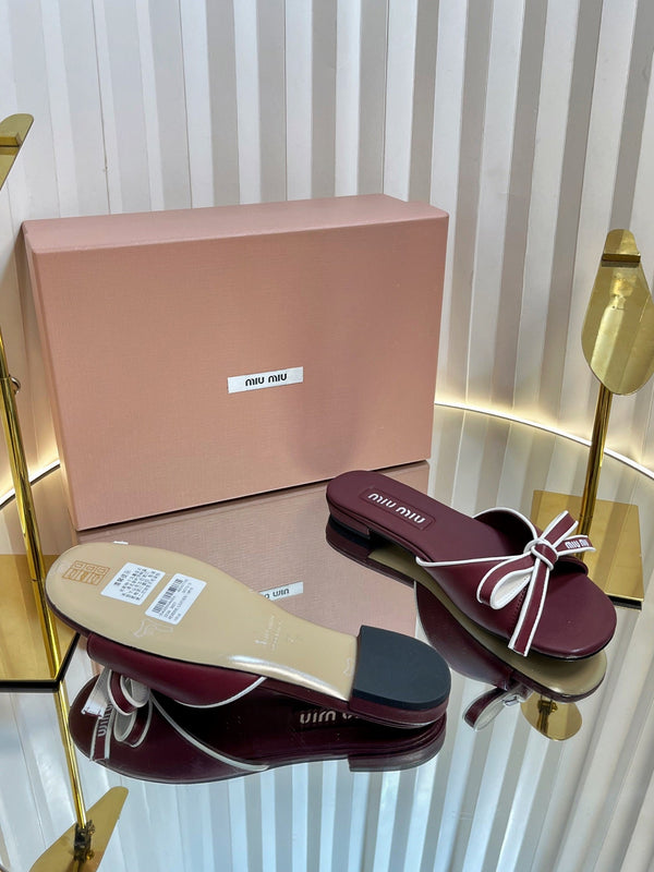 Miu 26s Bow Slippers Burgundy Leather 768202