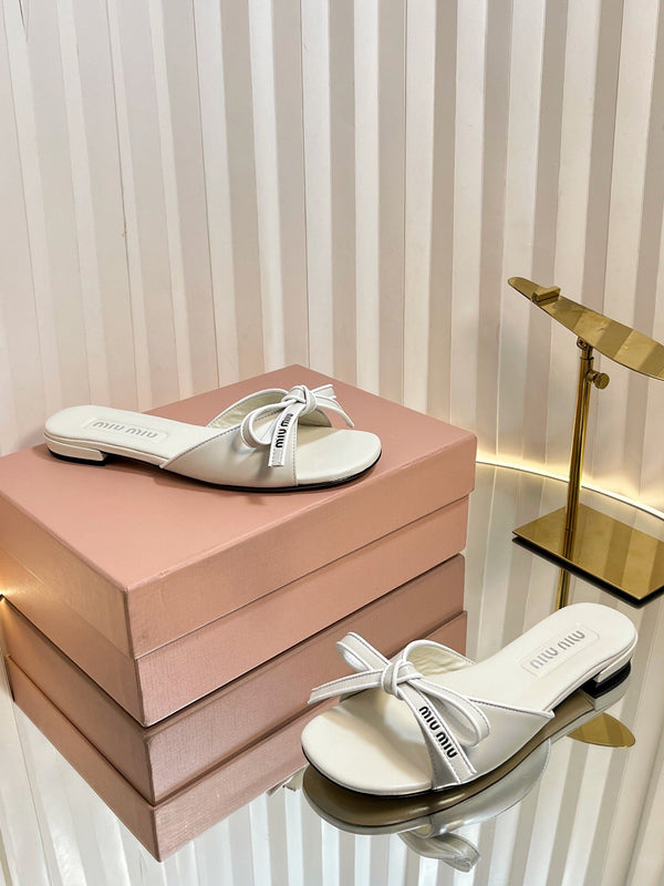 Miu 26s Bow Slippers White Leather 768205