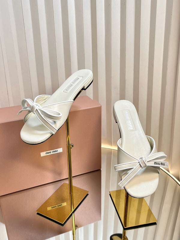 Miu 26s Bow Slippers White Leather 768205