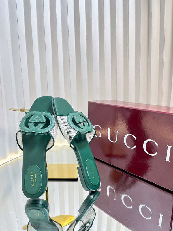 GC 25 Interlocking G Slide Sandal Emerald Green Canvas Cowhide 294643