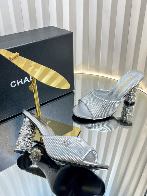 CC 26P Mule Sandals 8cm Sliver Leather 767856