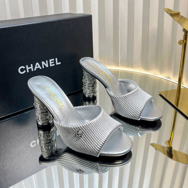 CC 26P Mule Sandals 8cm Sliver Leather 767856