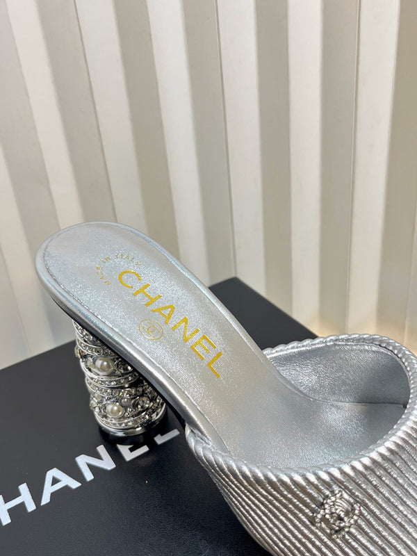 CC 26P Mule Sandals 8cm Sliver Leather 767856