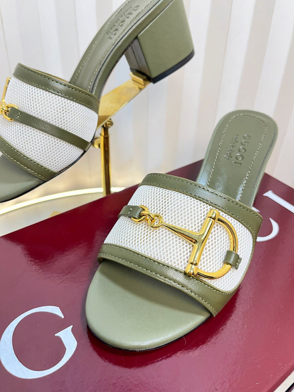 GC 25 Horsebit GG 50mm Sandals Dark Green Canvas Sheepskin 294667