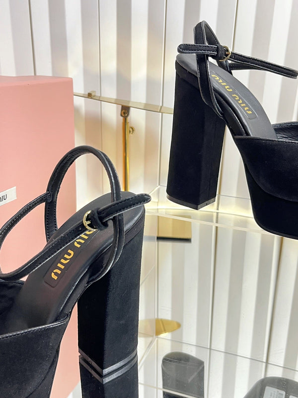 Miu 26s Platform Ankle Strap Sandals 120mm In Black Suede With Bow