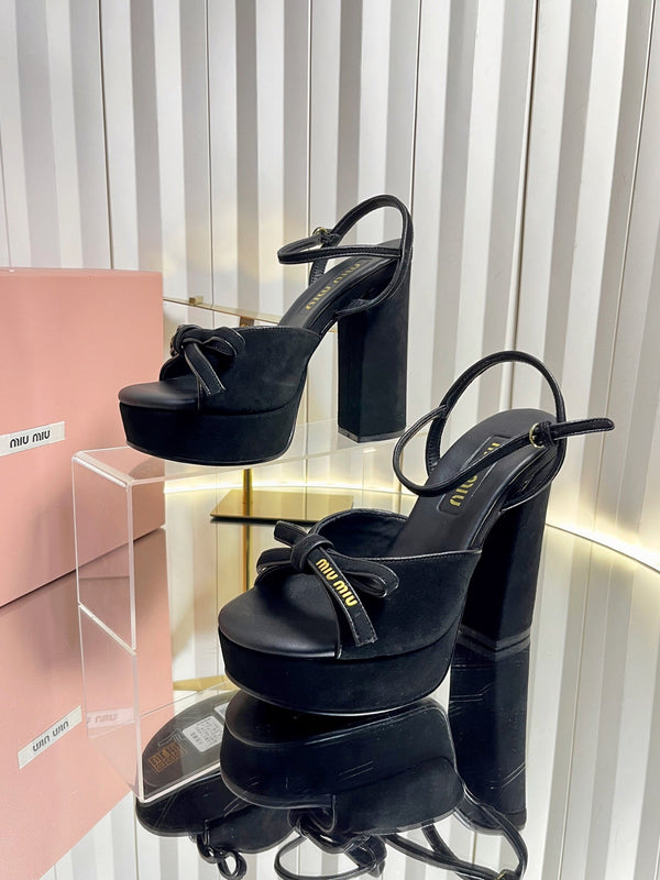 Miu 26s Platform Ankle Strap Sandals 120mm In Black Suede With Bow