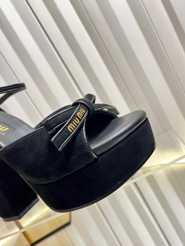 Miu 26s Platform Ankle Strap Sandals 120mm In Black Suede With Bow