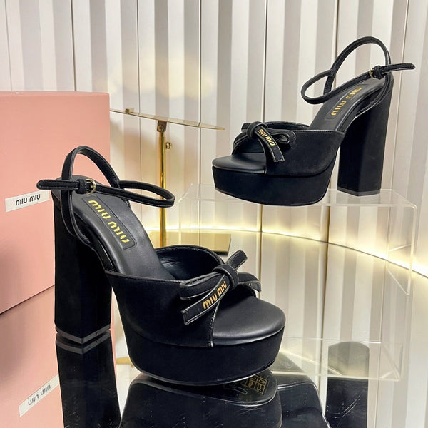 Miu 26s Platform Ankle Strap Sandals 120mm In Black Suede With Bow