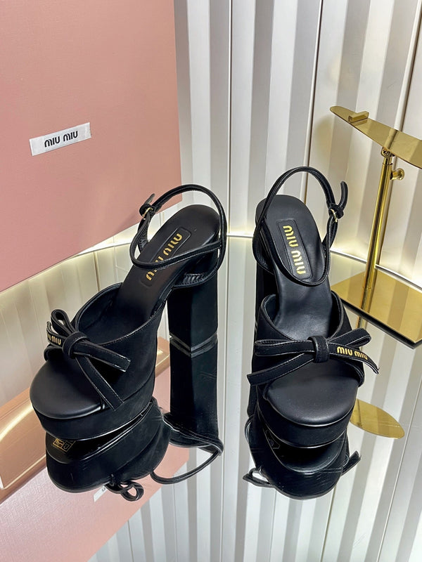 Miu 26s Platform Ankle Strap Sandals 120mm In Black Suede With Bow
