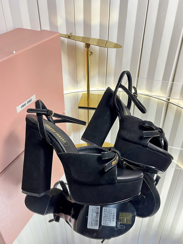 Miu 26s Platform Ankle Strap Sandals 120mm In Black Suede With Bow