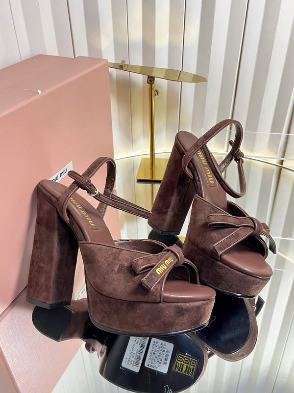 Miu 26s Platform Ankle Strap Sandals 120mm In Dark Brown Suede With Bow
