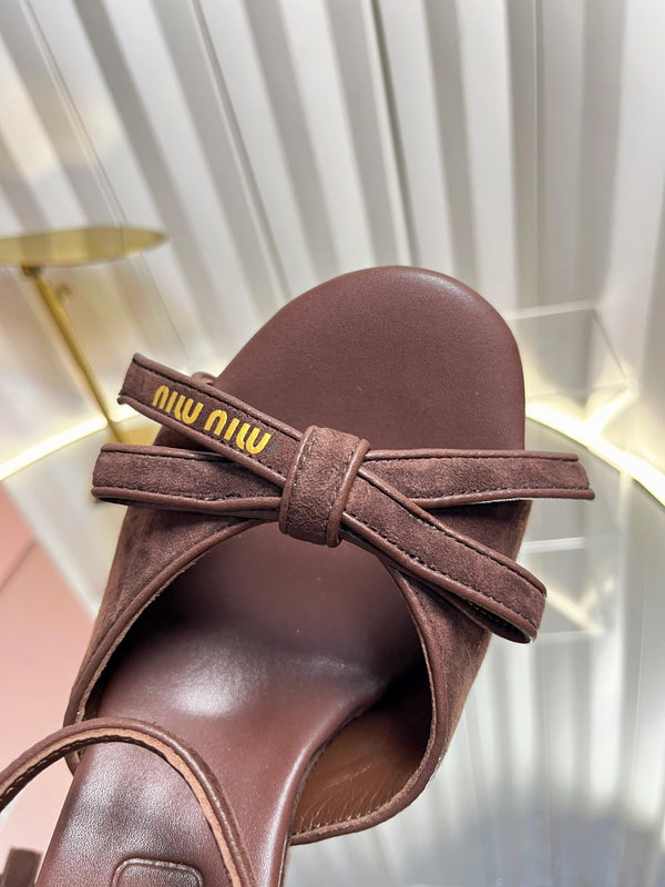 Miu 26s Platform Ankle Strap Sandals 120mm In Dark Brown Suede With Bow