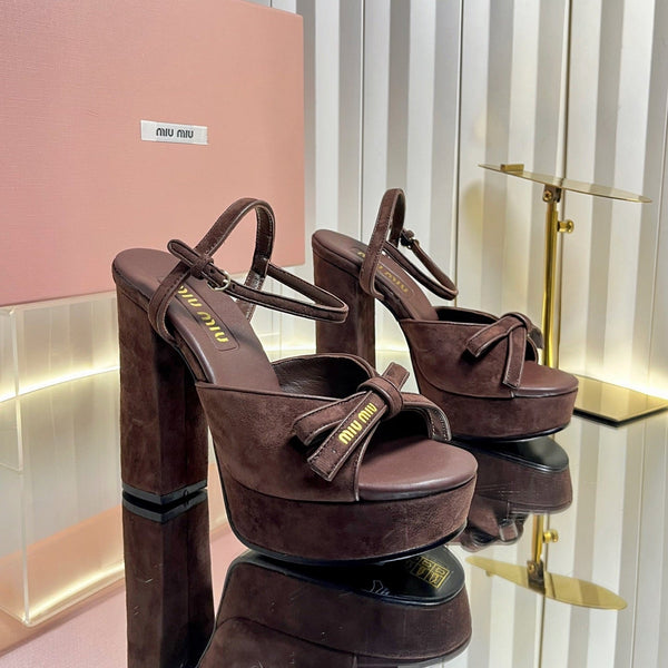Miu 26s Platform Ankle Strap Sandals 120mm In Dark Brown Suede With Bow