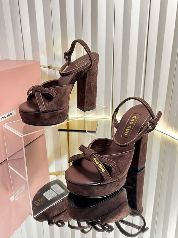Miu 26s Platform Ankle Strap Sandals 120mm In Dark Brown Suede With Bow