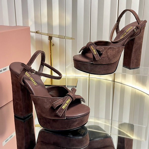 Miu 26s Platform Ankle Strap Sandals 120mm In Dark Brown Suede With Bow