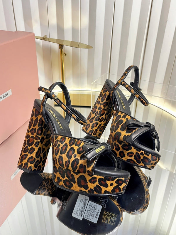 Miu 26s Platform Ankle Strap Sandals 120mm In Leopard Print Calf Hair With Bow