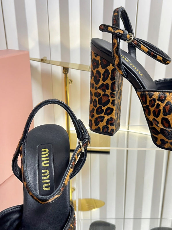 Miu 26s Platform Ankle Strap Sandals 120mm In Leopard Print Calf Hair With Bow