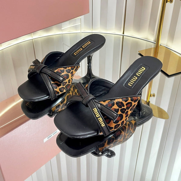 Miu 26s Mule Sandals 55mm In Leopard Print Calf Hair With Bow