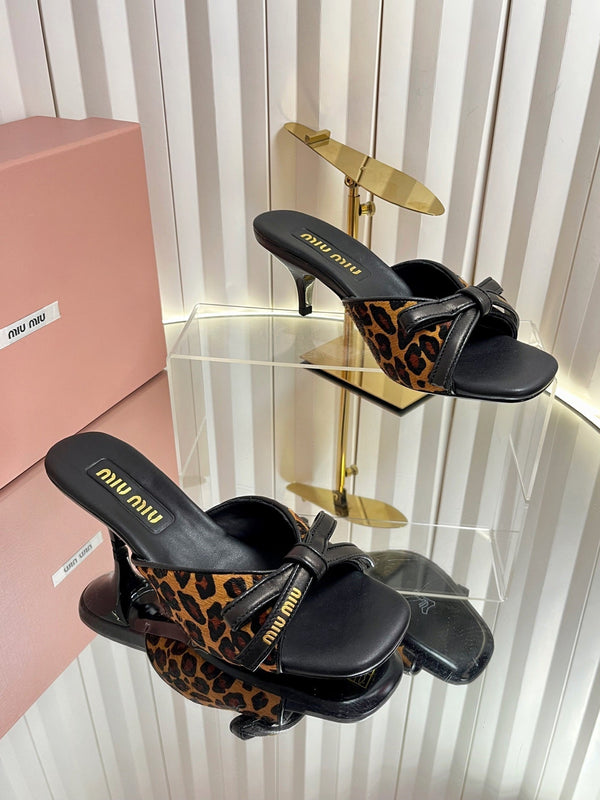 Miu 26s Mule Sandals 55mm In Leopard Print Calf Hair With Bow