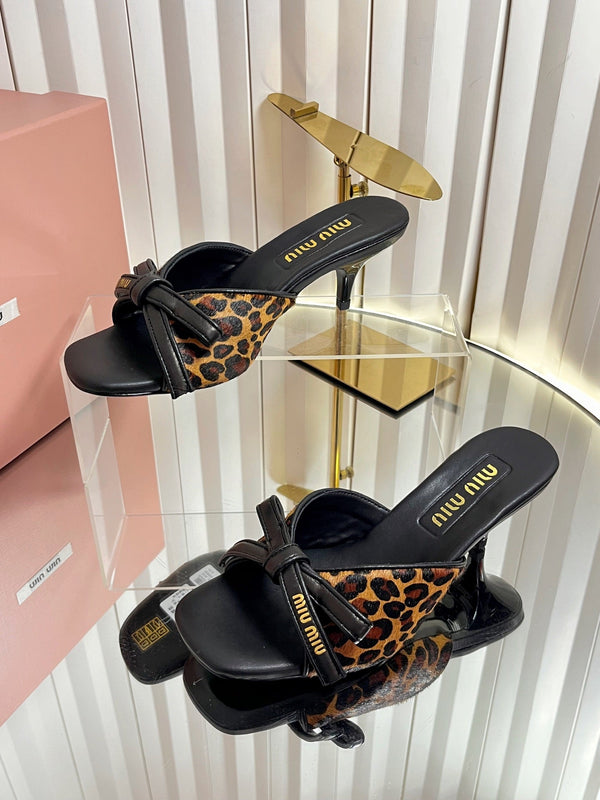 Miu 26s Mule Sandals 55mm In Leopard Print Calf Hair With Bow